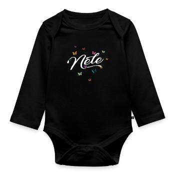 NELE - Mädchen Name mit bunten Schmetterlingen - Baby Bio-Langarm-Body - Schwarz - Vorne
