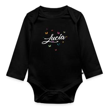 LUCIA - Girl Name with Colorful Butterflies - Organic Longsleeve Baby Bodysuit - black - Front