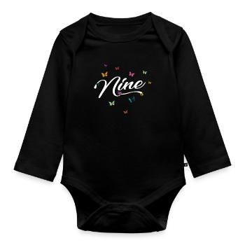 NINE - Girl Name with Colorful Butterflies - Organic Longsleeve Baby Bodysuit - black - Front