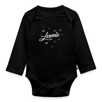 LEONIE - Girl's Name with Colorful Butterflies - Organic Longsleeve Baby Bodysuit - black - Front