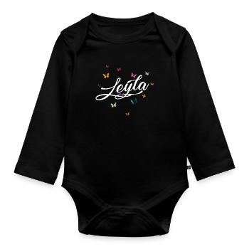 LEYLA - Mädchen Name mit bunten Schmetterlingen - Baby Bio-Langarm-Body - Schwarz - Vorne