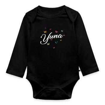YUNA - Girl Name with Colorful Butterflies - Organic Longsleeve Baby Bodysuit - black - Front
