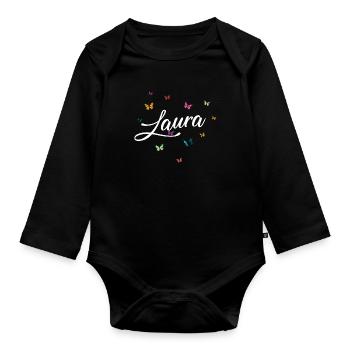 LAURA - Nom de fille avec des papillons colorés - Body Bébé bio manches longues - noir - Devant