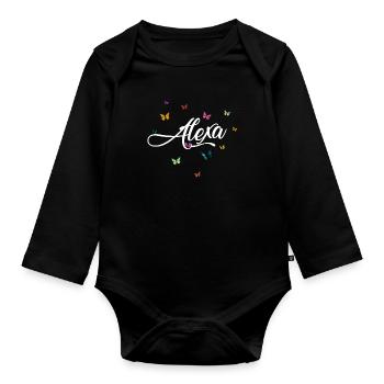 ALEXA - Girl Name with Colorful Butterflies - Organic Longsleeve Baby Bodysuit - black - Front