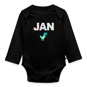 JAN - Beautiful boy name with dinosaur - Organic Longsleeve Baby Bodysuit - black - Front