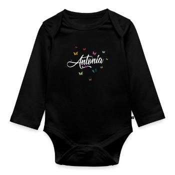 ANTONIA - Prénom de fille avec des papillons colorés - Body Bébé bio manches longues - noir - Devant