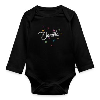 DANIELA - Girl Name with Colorful Butterflies - Organic Longsleeve Baby Bodysuit - black - Front