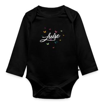 LUISE - Girl Name with Colorful Butterflies - Organic Longsleeve Baby Bodysuit - black - Front