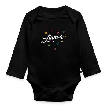 LINNEA - Mädchen Name mit bunten Schmetterlingen - Baby Bio-Langarm-Body - Schwarz - Vorne