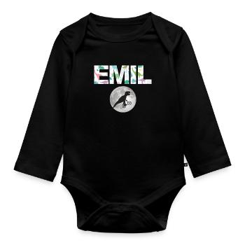 EMIL - Beautiful boy name with dinosaur - Organic Longsleeve Baby Bodysuit - black - Front
