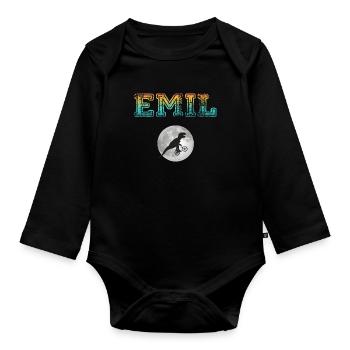 EMIL - Beautiful boy name with dinosaur - Organic Longsleeve Baby Bodysuit - black - Front