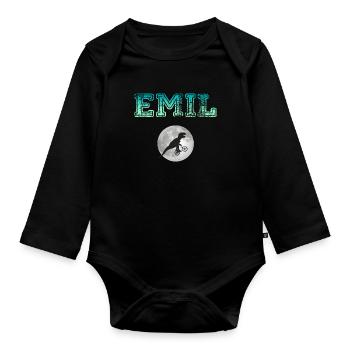 EMIL - Beautiful boy name with dinosaur - Organic Longsleeve Baby Bodysuit - black - Front