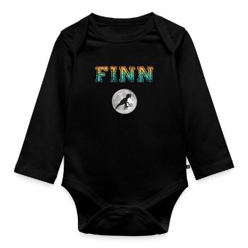 FINN - Beautiful boy name with dinosaur - Organic Longsleeve Baby Bodysuit - black - Front