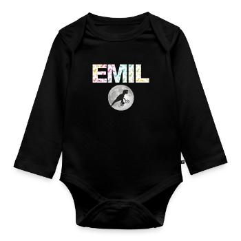 EMIL - Beautiful boy name with dinosaur - Organic Longsleeve Baby Bodysuit - black - Front