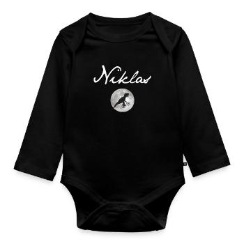 NIKLAS - Beautiful boy name with dinosaur - Organic Longsleeve Baby Bodysuit - black - Front