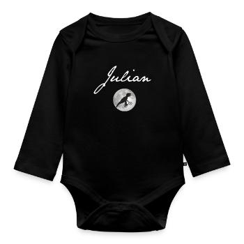 JULIAN - Beautiful boy name with dinosaur - Organic Longsleeve Baby Bodysuit - black - Front