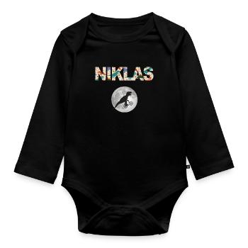 NIKLAS - Beautiful boy name with dinosaur - Organic Longsleeve Baby Bodysuit - black - Front