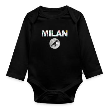 MILAN - Schöner Jungen Name mit Dinosaurier - Baby Bio-Langarm-Body - Schwarz - Vorne