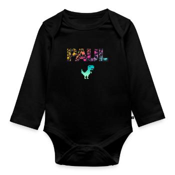 PAUL - Beautiful boy name with dinosaur - Organic Longsleeve Baby Bodysuit - black - Front
