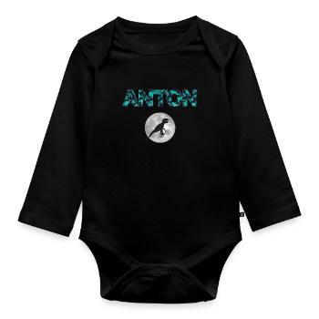 ANTON - Beau prénom de garçon avec dinosaure - Body Bébé bio manches longues - noir - Devant