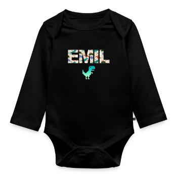 EMIL - Beautiful boy name with dinosaur - Organic Longsleeve Baby Bodysuit - black - Front