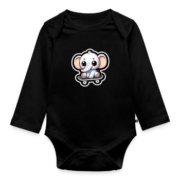 Cute baby elephant with skateboard Elephant mom - Organic Longsleeve Baby Bodysuit - black - Front