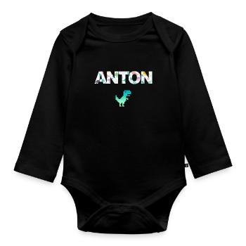ANTON - Beau prénom de garçon avec dinosaure - Body Bébé bio manches longues - noir - Devant