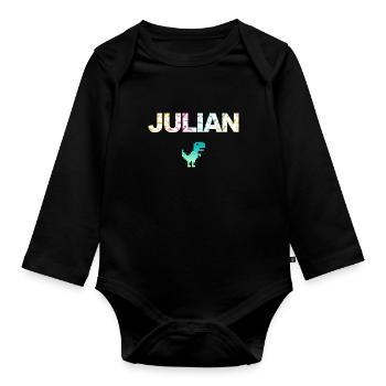 JULIAN - Beautiful boy name with dinosaur - Organic Longsleeve Baby Bodysuit - black - Front