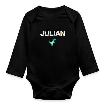 JULIAN - Beautiful boy name with dinosaur - Organic Longsleeve Baby Bodysuit - black - Front