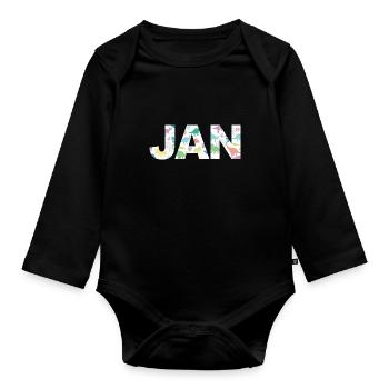 JAN - Beautiful boy name with dinosaur - Organic Longsleeve Baby Bodysuit - black - Front