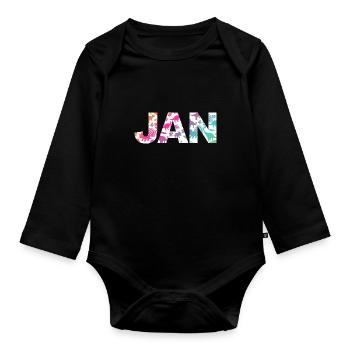 JAN - Beautiful boy name with dinosaur - Organic Longsleeve Baby Bodysuit - black - Front