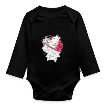 Wolf, iris and peony from Japan - Organic Longsleeve Baby Bodysuit - black - Front