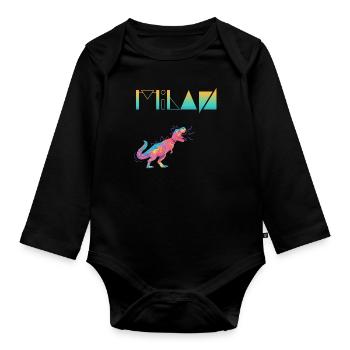 MILAN - Schöner Jungen Name mit Dinosaurier - Baby Bio-Langarm-Body - Schwarz - Vorne