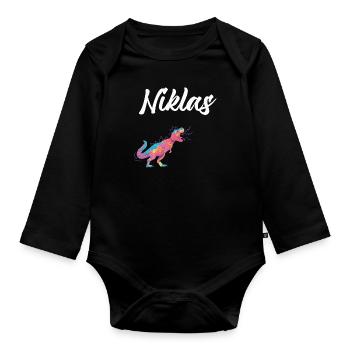 NIKLAS - Beautiful boy name with dinosaur - Organic Longsleeve Baby Bodysuit - black - Front