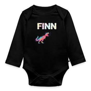 FINN - Schöner Jungen Name mit Dinosaurier - Baby Bio-Langarm-Body - Schwarz - Vorne