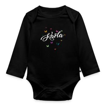 KARLA - Mädchen Name mit bunten Schmetterlingen - Baby Bio-Langarm-Body - Schwarz - Vorne