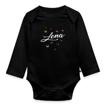 LENA - Girl Name with Colorful Butterflies - Organic Longsleeve Baby Bodysuit - black - Front