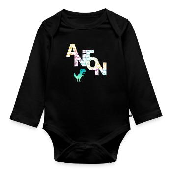 ANTON - Beau prénom de garçon avec dinosaure - Body Bébé bio manches longues - noir - Devant