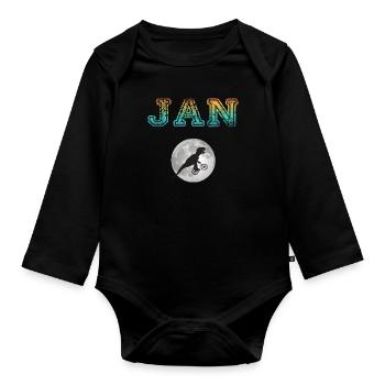 JAN - Beautiful boy name with dinosaur - Organic Longsleeve Baby Bodysuit - black - Front