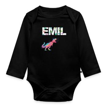 EMIL - Beautiful boy name with dinosaur - Organic Longsleeve Baby Bodysuit - black - Front