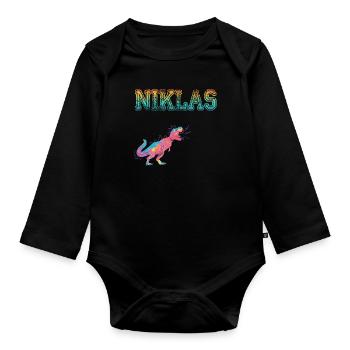 NIKLAS - Beautiful boy name with dinosaur - Organic Longsleeve Baby Bodysuit - black - Front