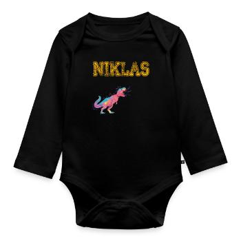 NIKLAS - Beautiful boy name with dinosaur - Organic Longsleeve Baby Bodysuit - black - Front