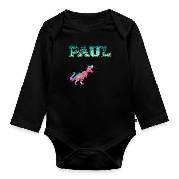 PAUL - Beautiful boy name with dinosaur - Organic Longsleeve Baby Bodysuit - black - Front