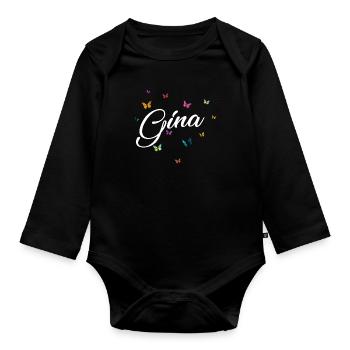 GINA - Mädchen Name mit bunten Schmetterlingen - Baby Bio-Langarm-Body - Schwarz - Vorne
