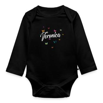 VERONICA - Nom de fille avec des papillons colorés - Body Bébé bio manches longues - noir - Devant