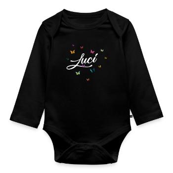 LUCI - Mädchen Name mit bunten Schmetterlingen - Baby Bio-Langarm-Body - Schwarz - Vorne