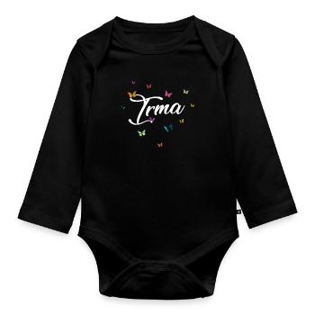 IRMA - Mädchen Name mit bunten Schmetterlingen - Baby Bio-Langarm-Body - Schwarz - Vorne