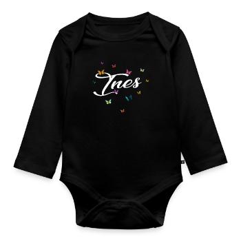 INES - Girl's Name with Colorful Butterflies - Organic Longsleeve Baby Bodysuit - black - Front
