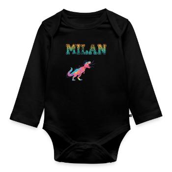 MILAN - Beautiful boy name with dinosaur - Organic Longsleeve Baby Bodysuit - black - Front