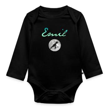 EMIL - Beautiful boy name with dinosaur - Organic Longsleeve Baby Bodysuit - black - Front